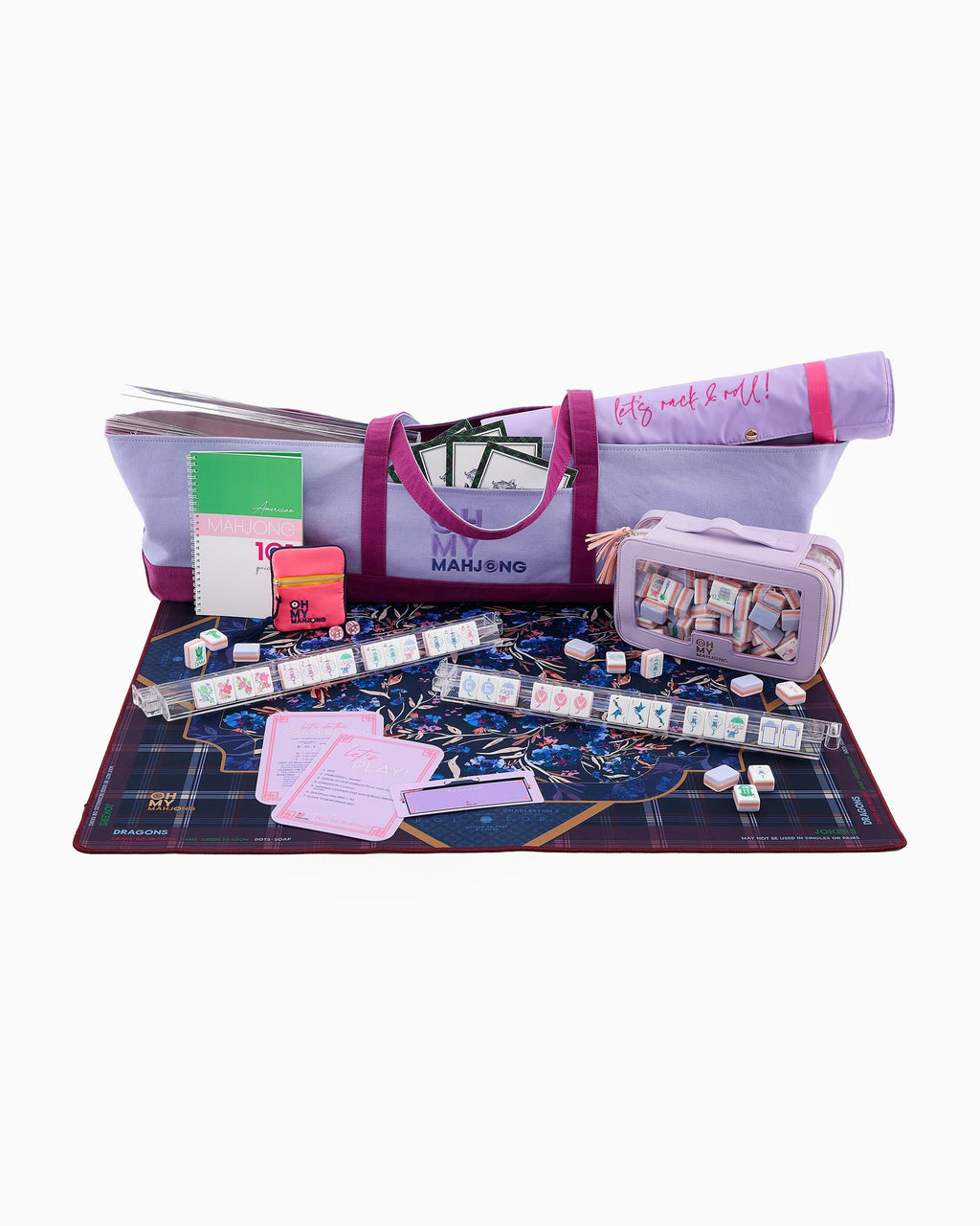 Astor mahjong mat styled with a tote; tote, tiles, and racks sold separately