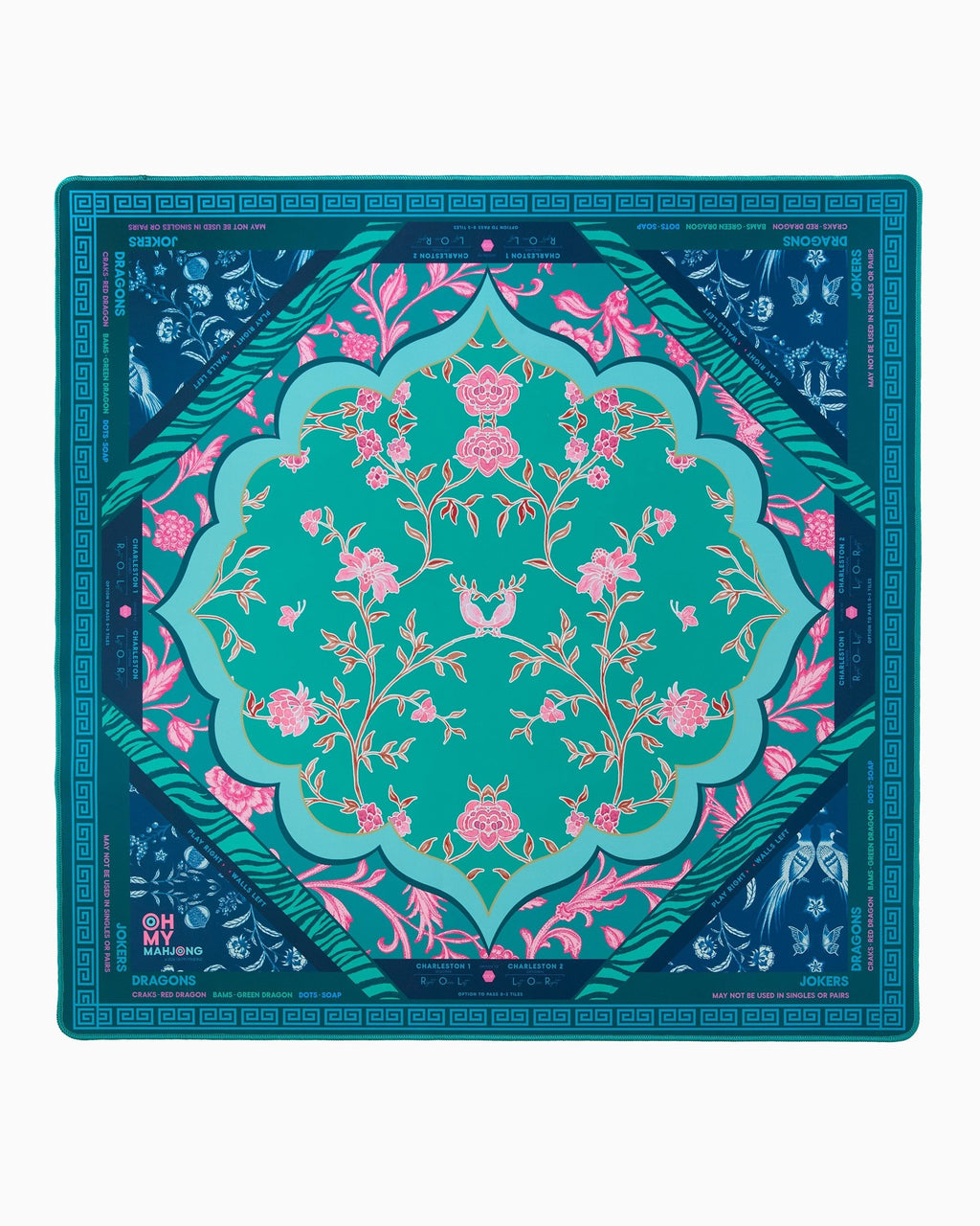 Oh My Mahjong Esme instructional mahjong mat laid flat, blush florals on teal and deep blue