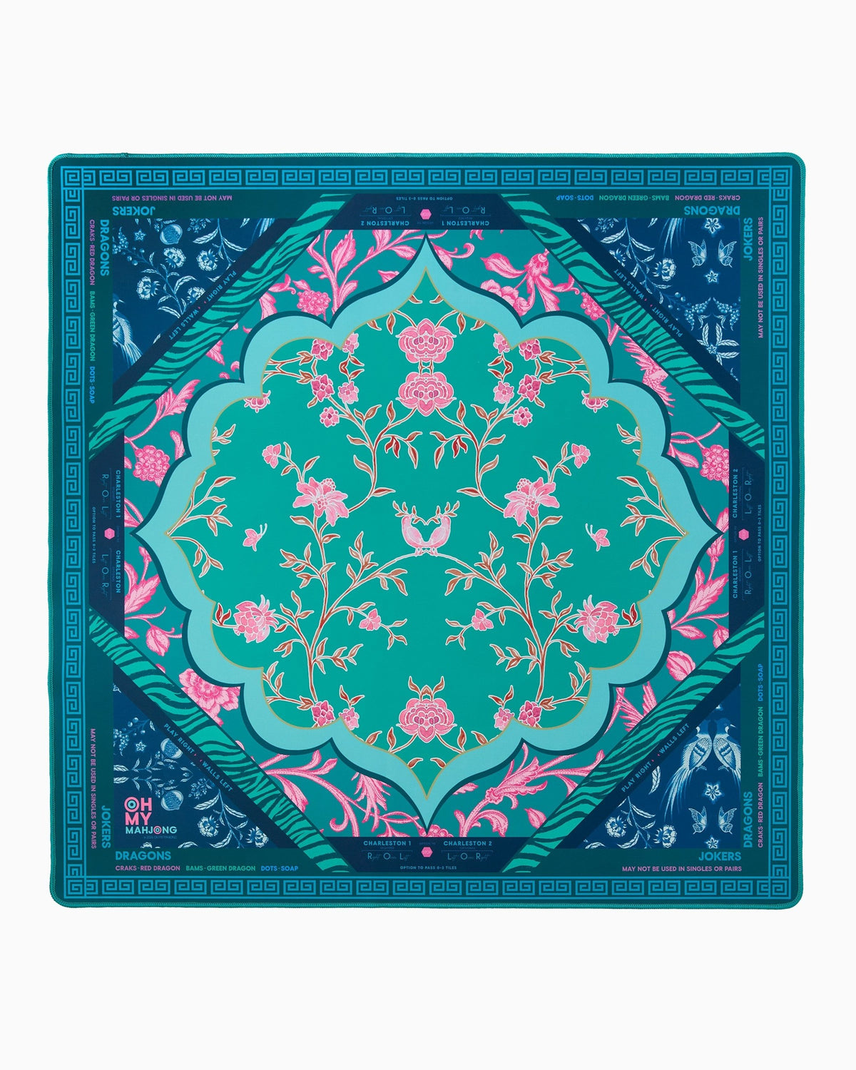 Oh My Mahjong Esme instructional mahjong mat laid flat, blush florals on teal and deep blue