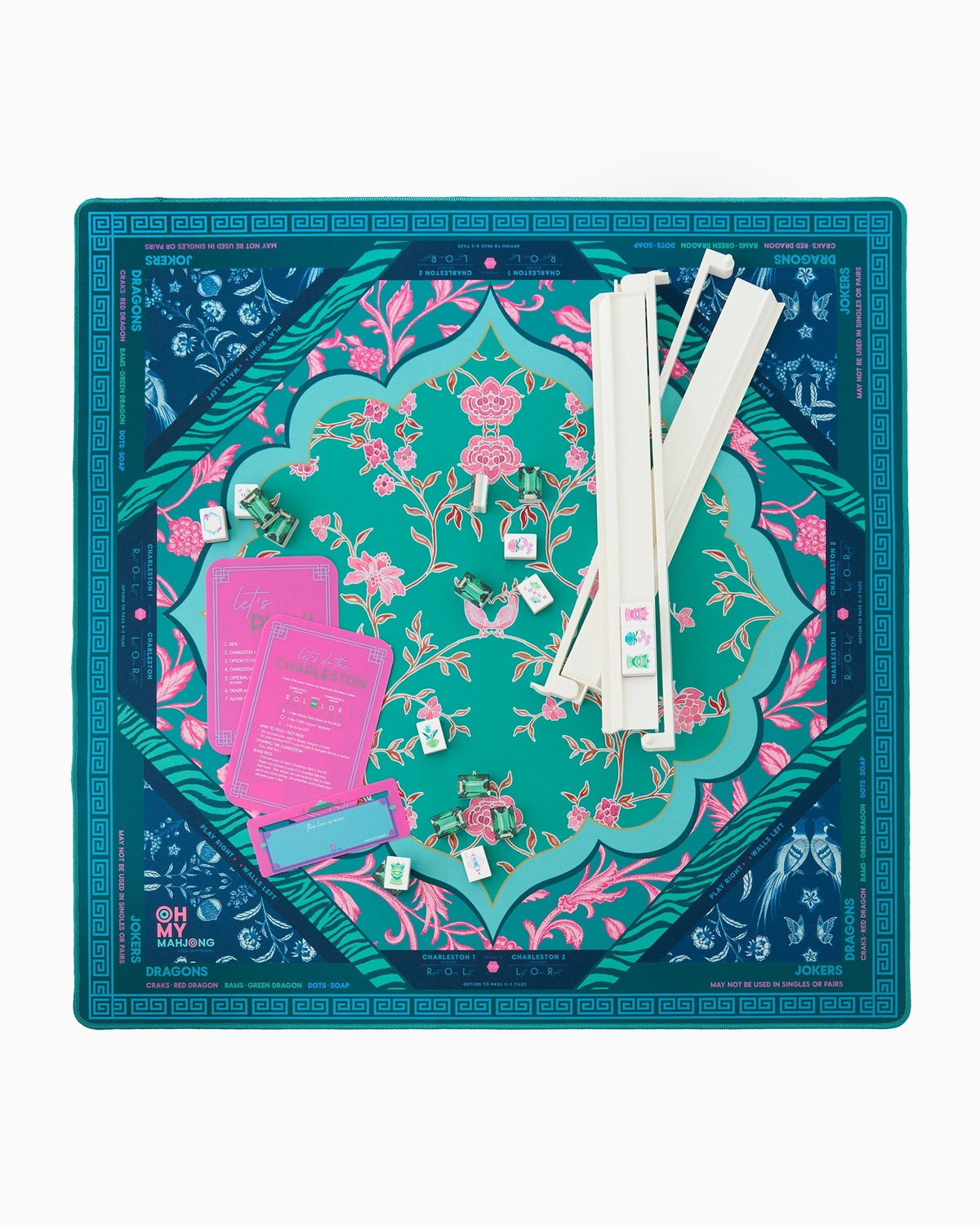Esme mahjong mat set up with racks; tiles and racks sold separately