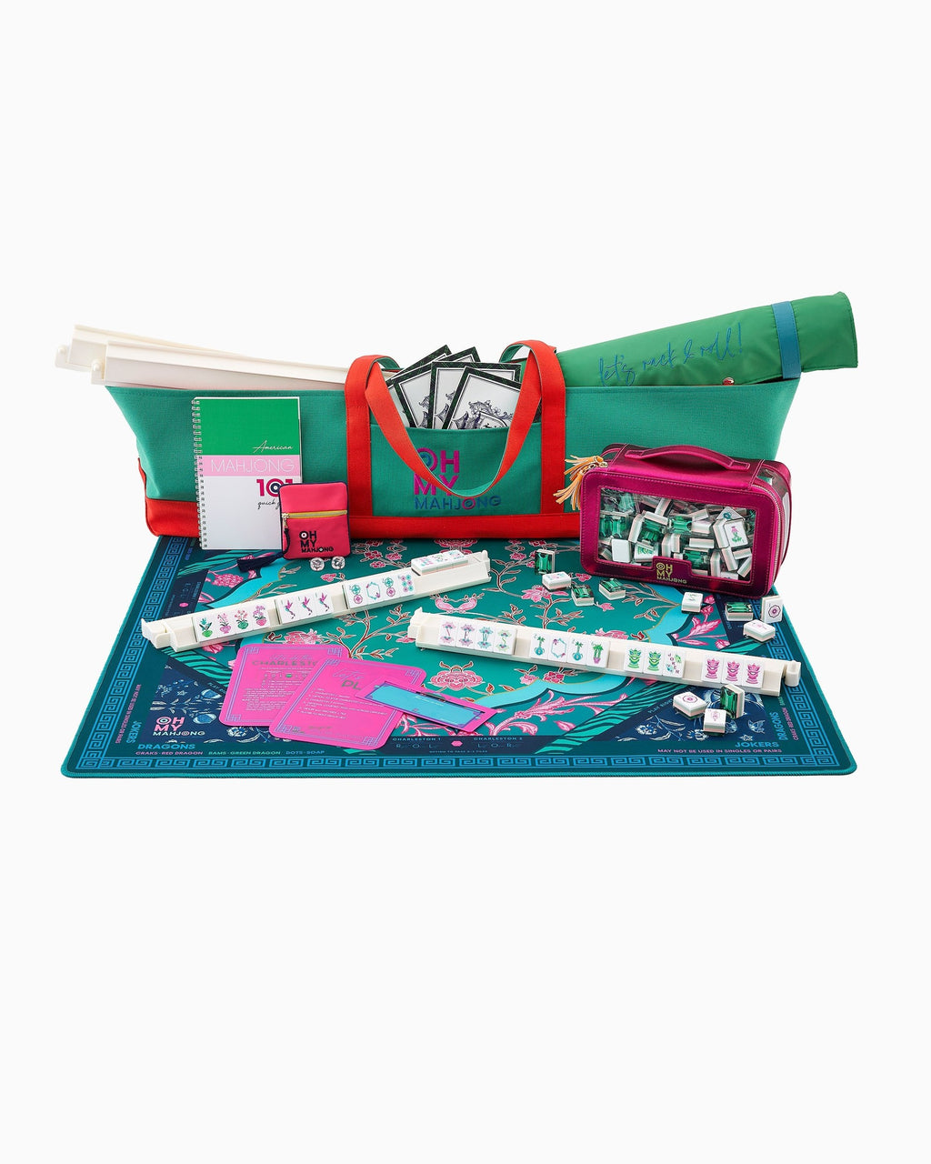 Esme mahjong mat styled with a tote; tote, tiles, and racks sold separately