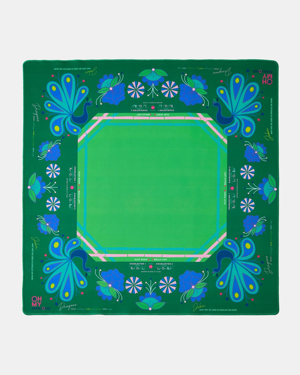 Oh My Mahjong Green Birdie instructional mahjong mat laid flat in fresh green