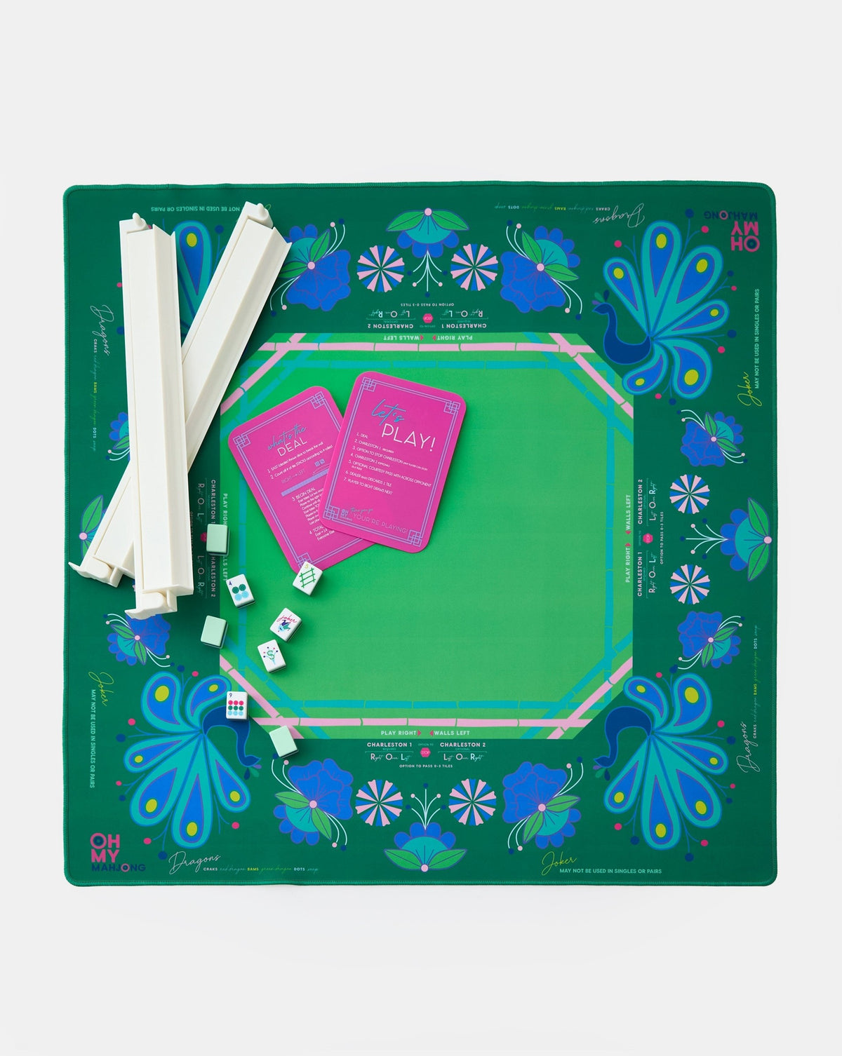 Green Birdie mahjong mat set up with racks; tiles and racks sold separately