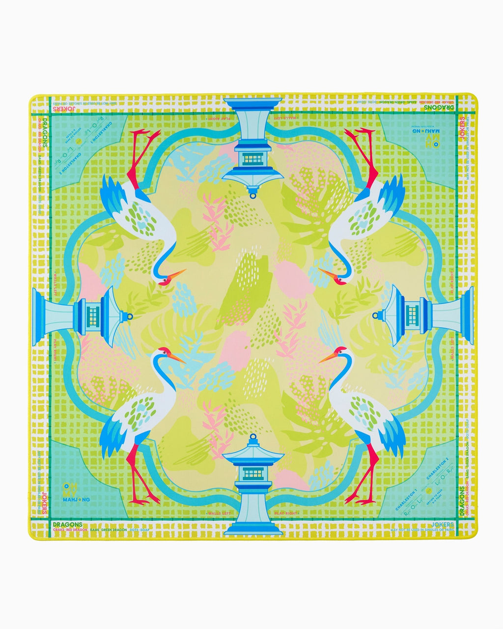 Oh My Mahjong Hampton instructional mahjong mat laid flat, cranes and lanterns in sunny yellow, green, and blue