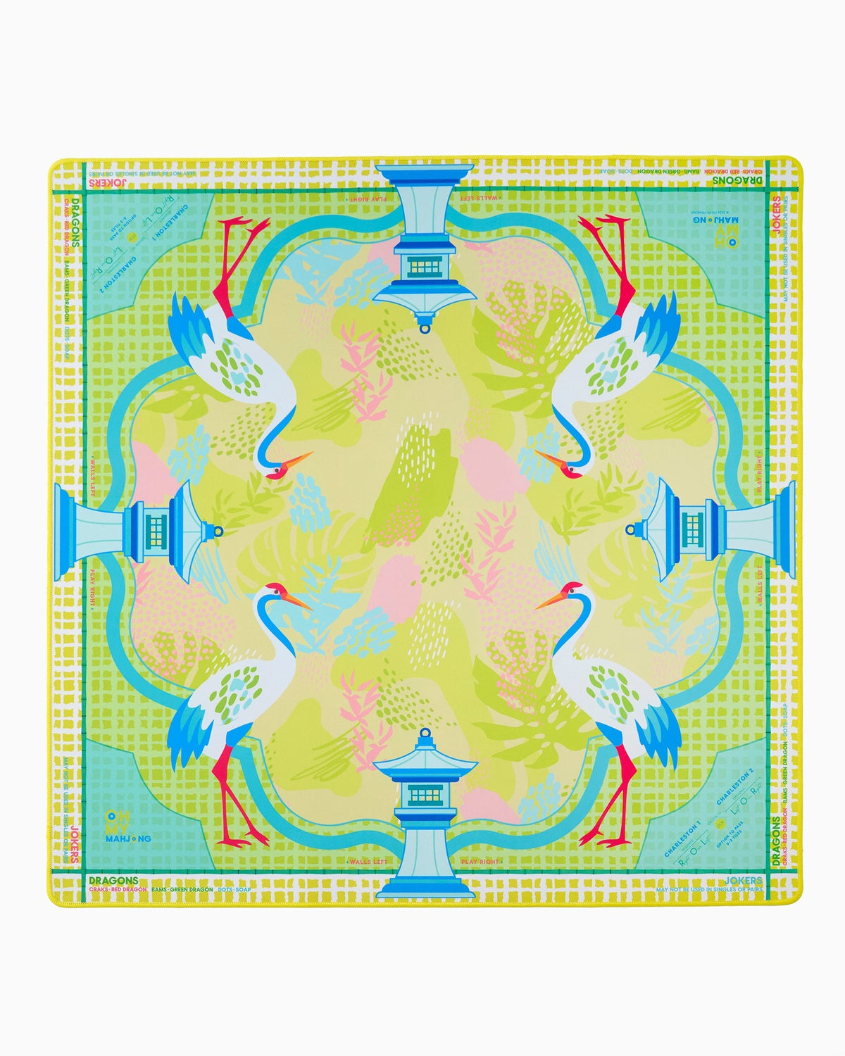 Oh My Mahjong Hampton instructional mahjong mat laid flat, cranes and lanterns in sunny yellow, green, and blue