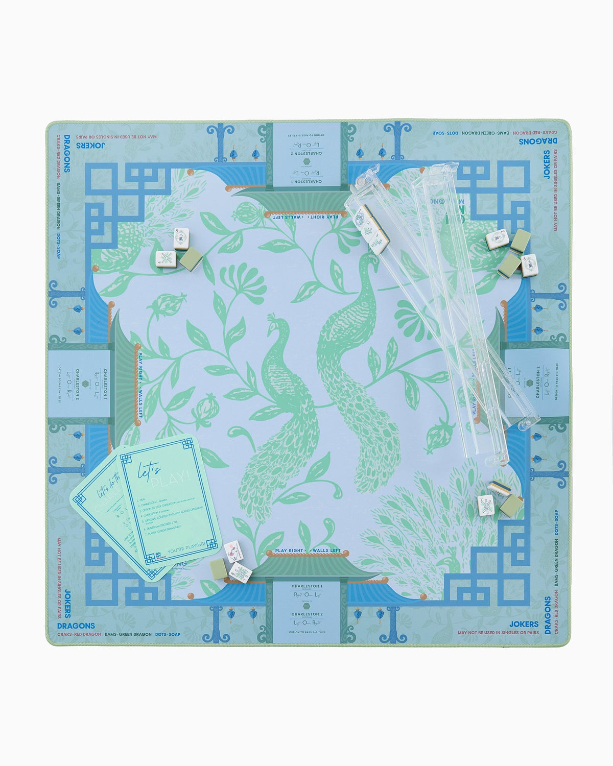Isla mahjong mat set up with racks; tiles and racks sold separately