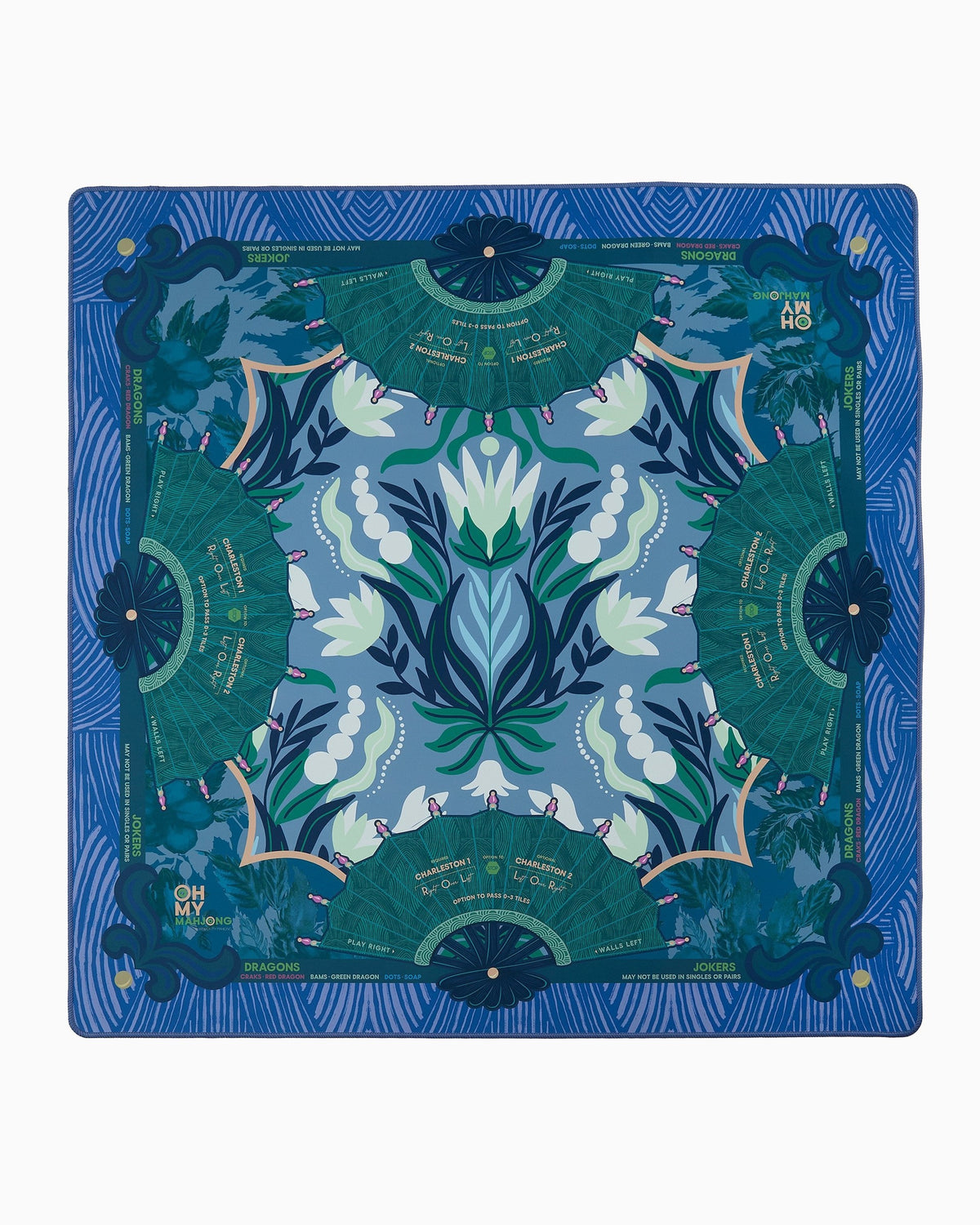Oh My Mahjong Jade instructional mahjong mat laid flat, deep blue and green florals with fan motifs