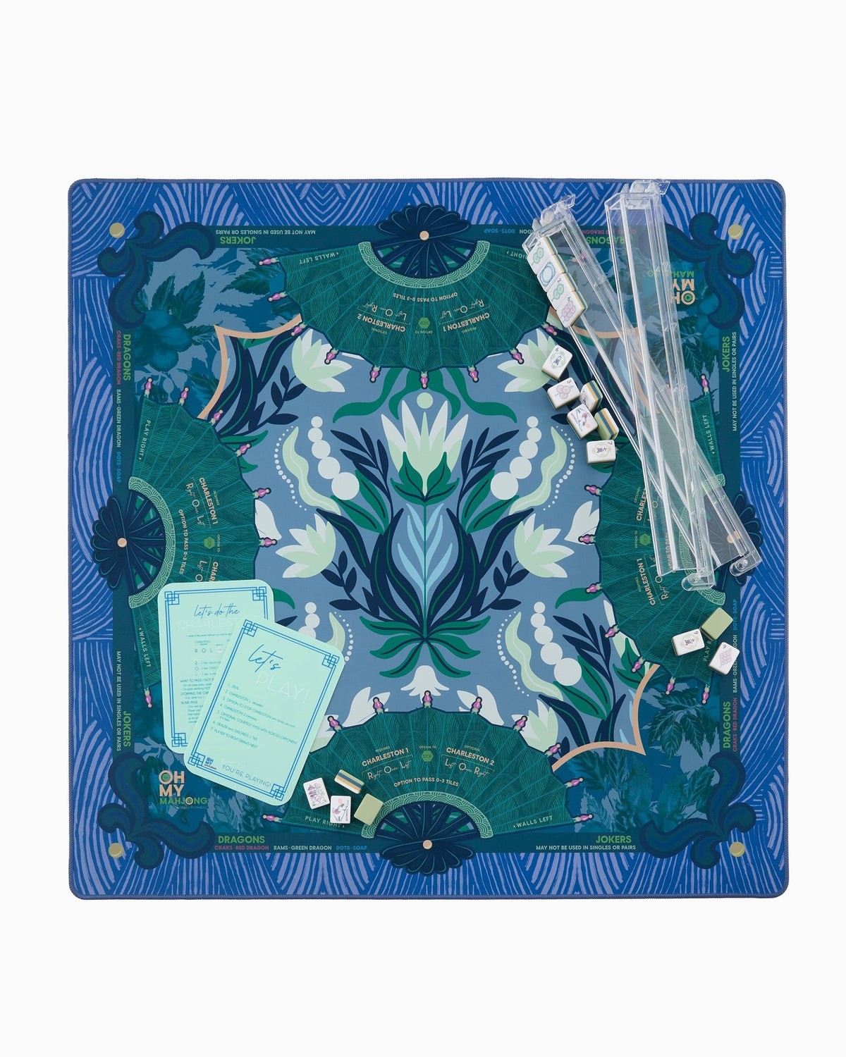 Jade mahjong mat set up with racks; tiles and racks sold separately