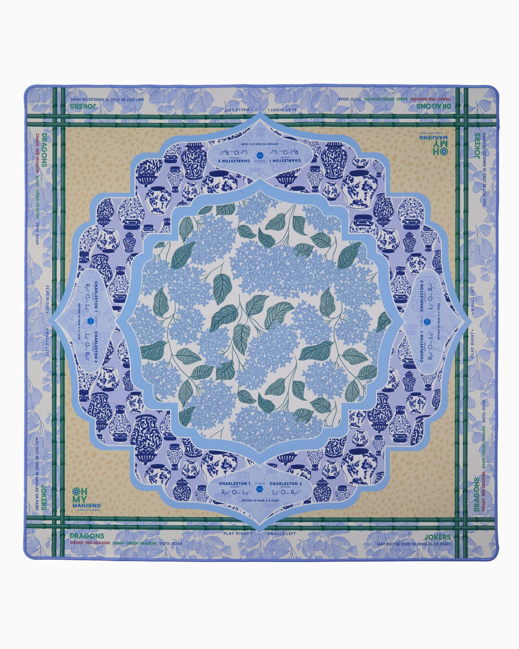 Oh My Mahjong Luna instructional mahjong mat laid flat, blue and white hydrangeas and porcelain motifs