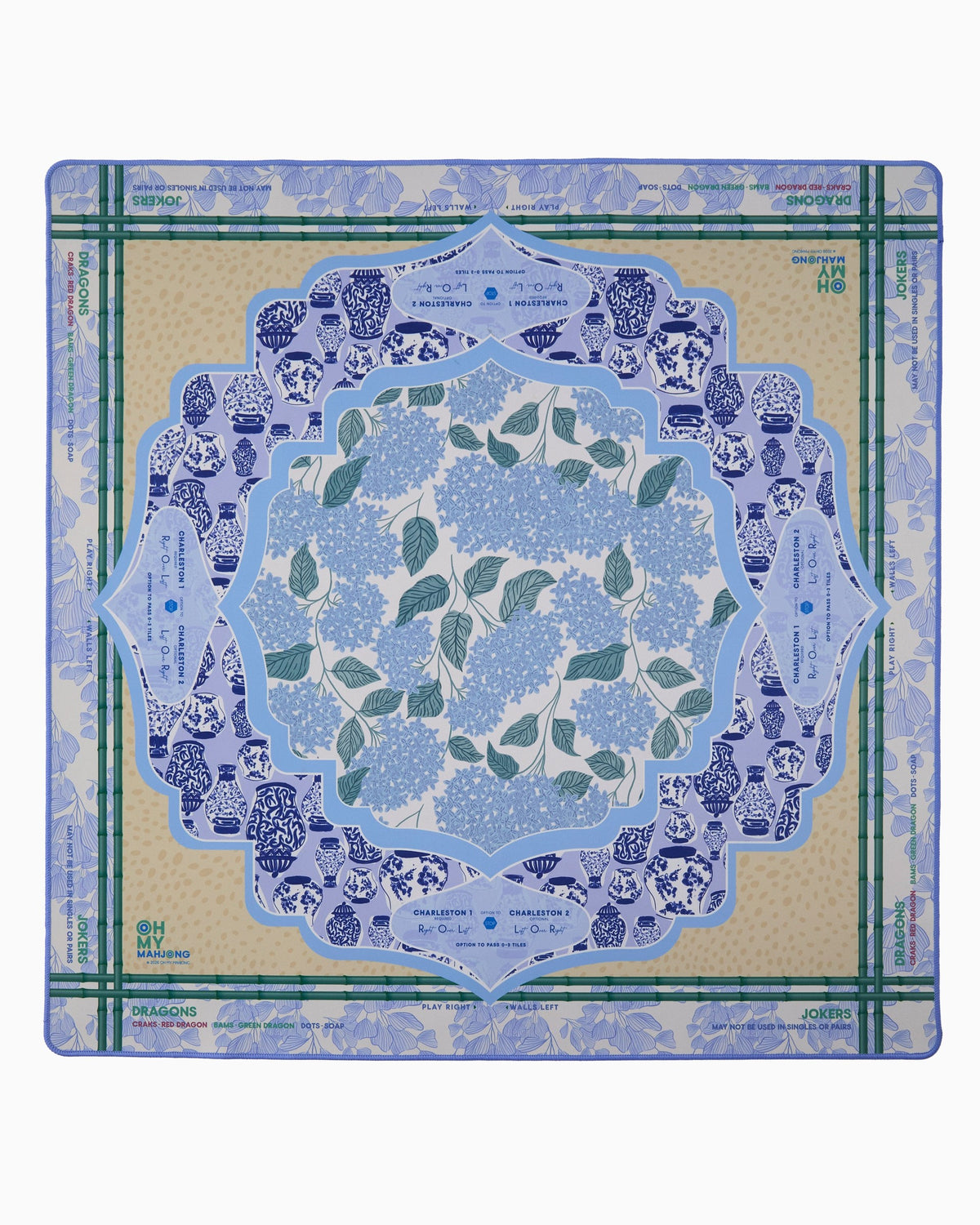 Oh My Mahjong Luna instructional mahjong mat laid flat, blue and white hydrangeas and porcelain motifs