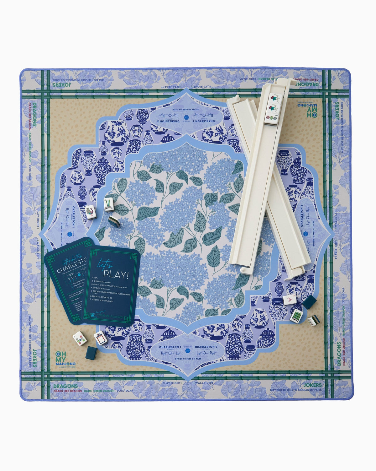 Luna mahjong mat set up with racks; tiles and racks sold separately