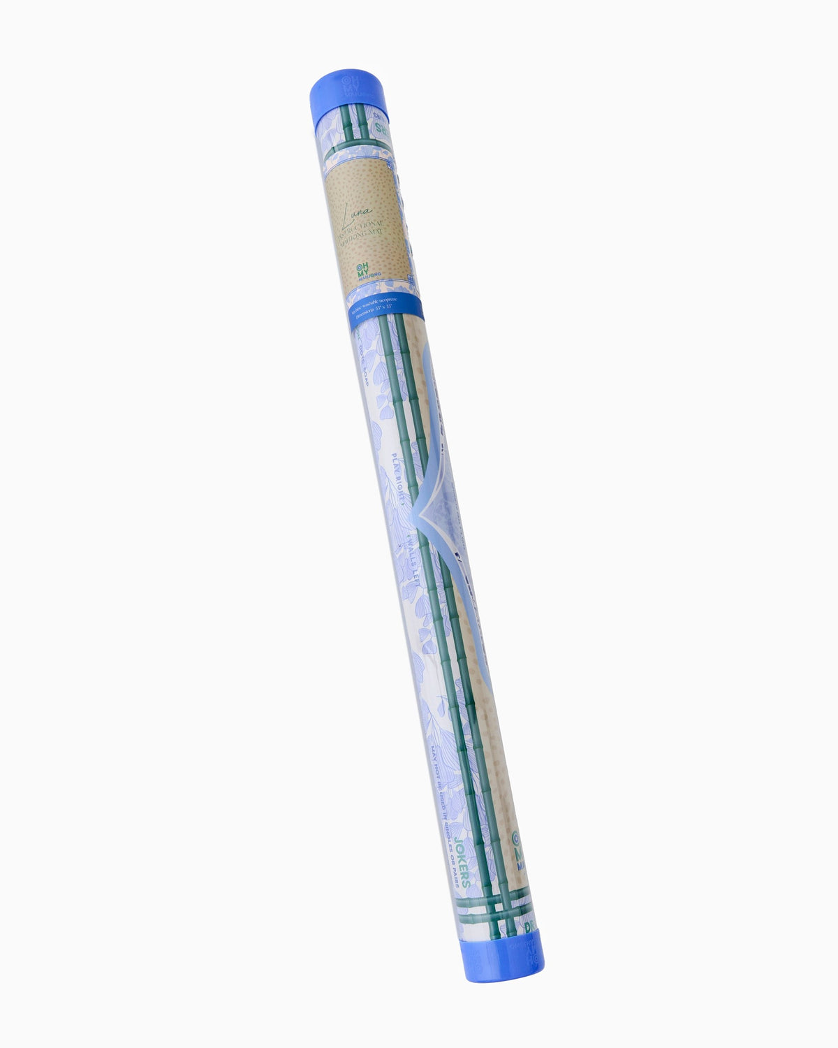 Oh My Mahjong Luna mat storage tube labeled Instructional Mahjong Mat