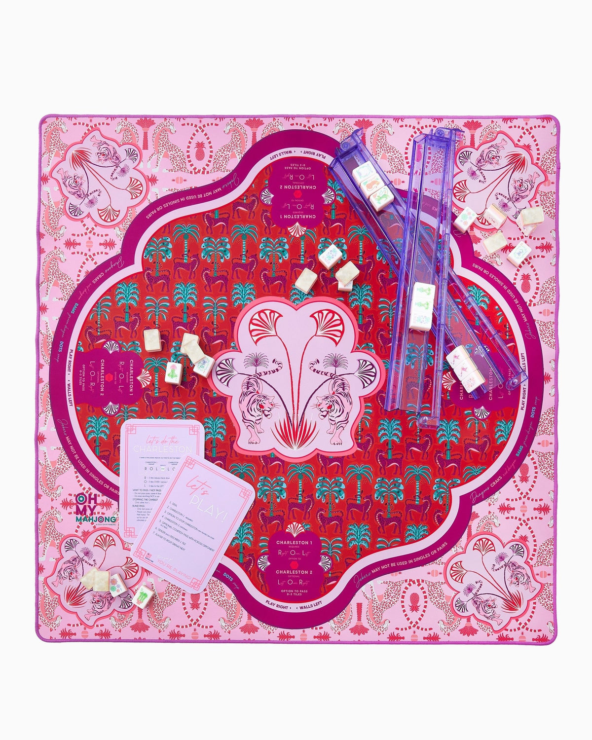 Mirage mahjong mat set up with racks; tiles and racks sold separately
