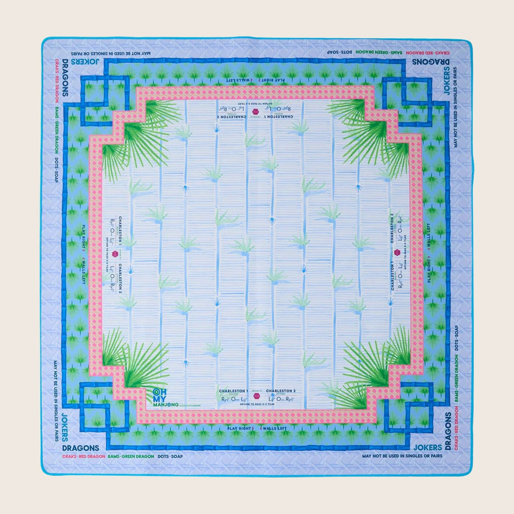 Oh My Mahjong x Little Blue Designs Palm Paradise instructional mahjong mat laid flat with watercolor palms