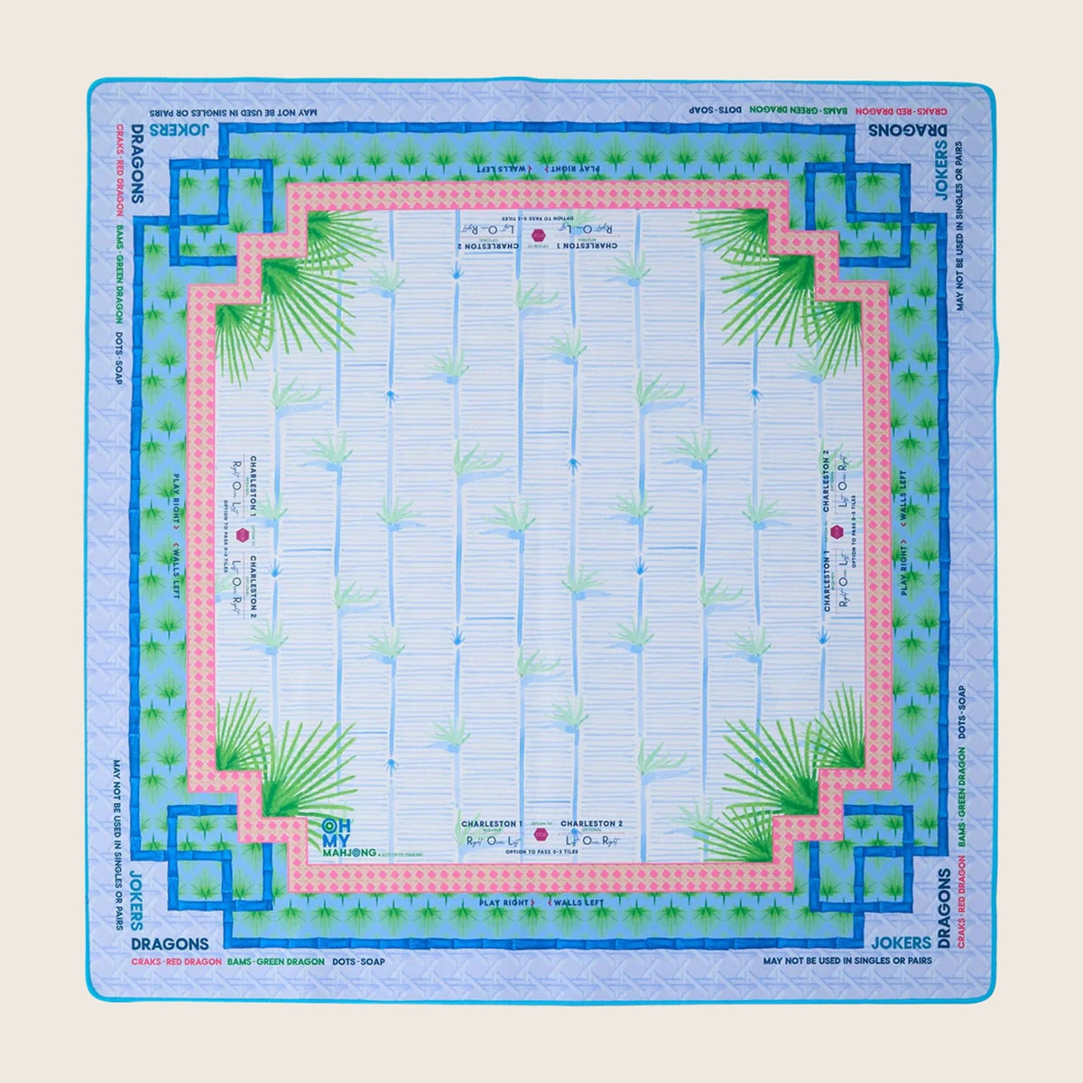 Oh My Mahjong x Little Blue Designs Palm Paradise instructional mahjong mat laid flat with watercolor palms