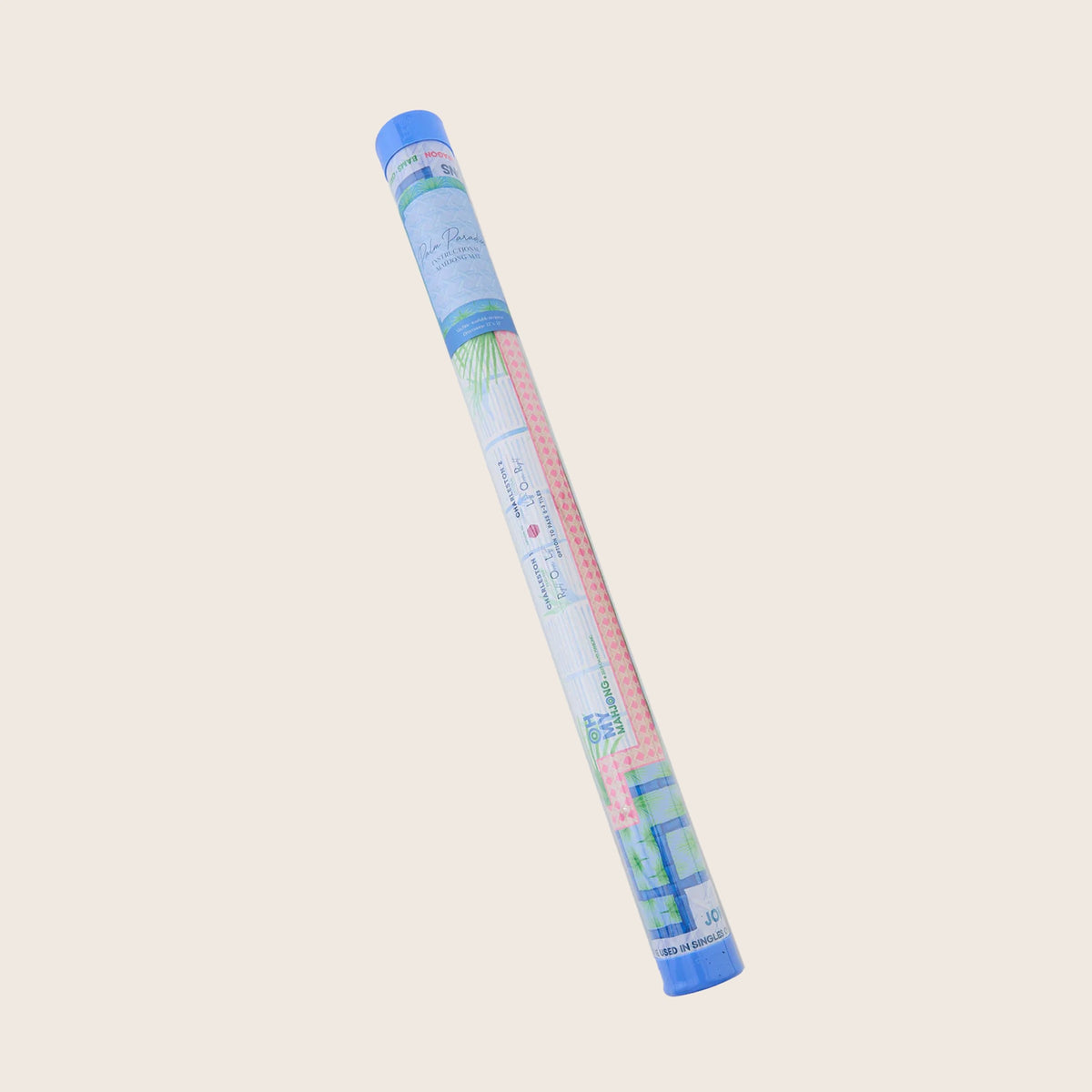 Oh My Mahjong Palm Paradise mat storage tube labeled Instructional Mahjong Mat