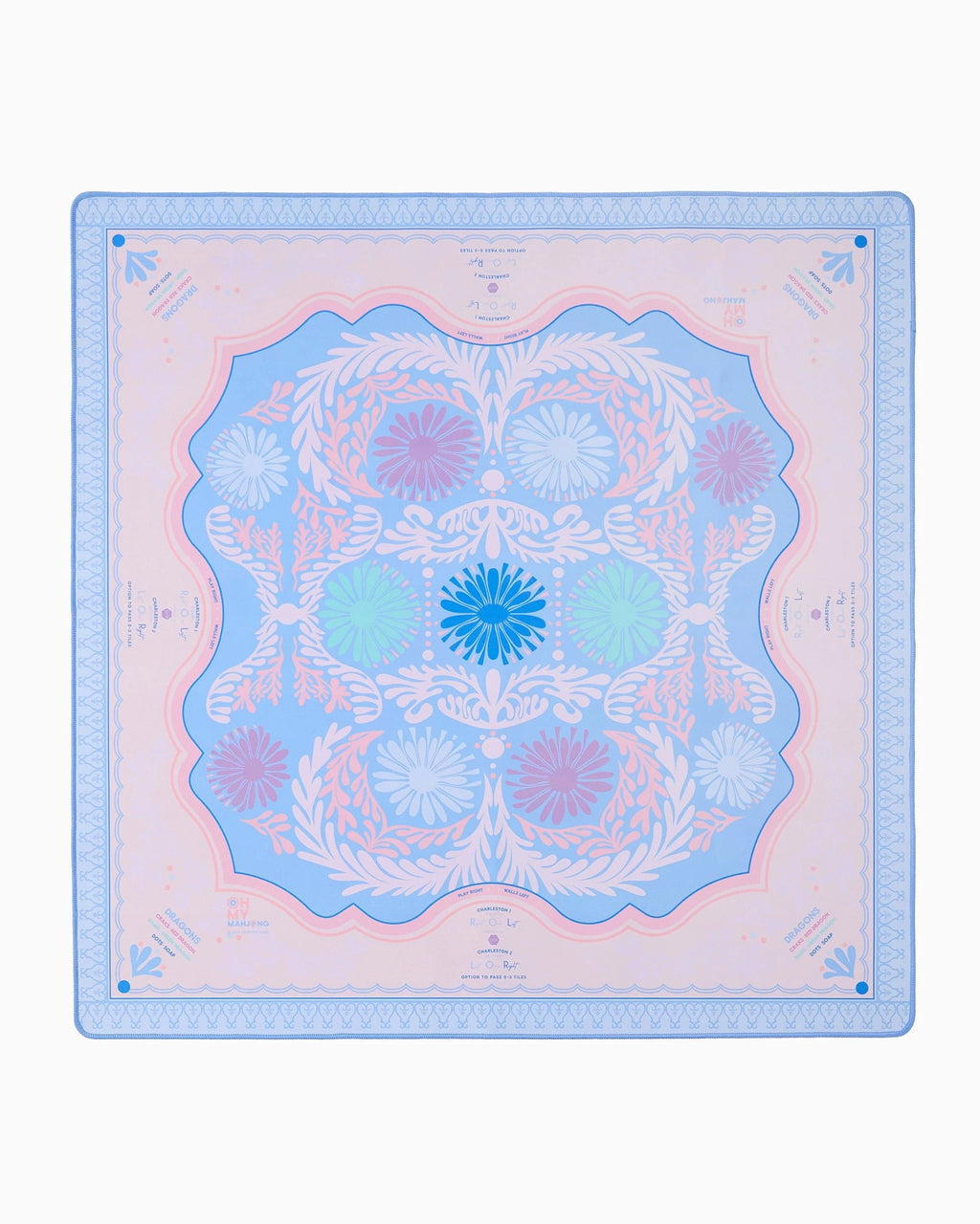 Oh My Mahjong x Sheridan French Peri-Twinkle instructional mahjong mat laid flat in periwinkle, coral, and pink