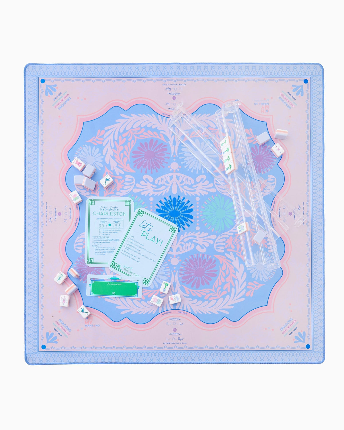 Peri-Twinkle mahjong mat set up with racks; tiles and racks sold separately