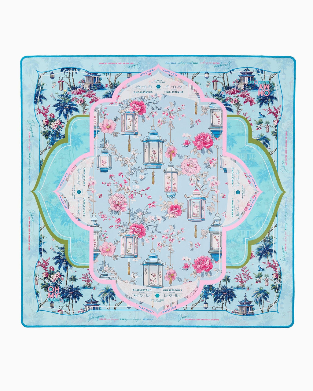 Oh My Mahjong Radiance instructional mahjong mat laid flat with florals, lanterns, and chinoiserie in soft blue and blush