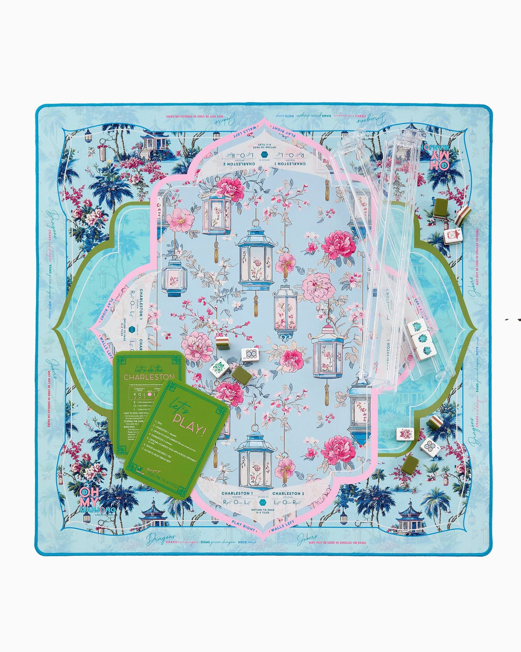 Radiance mahjong mat set up with racks; tiles and racks sold separately