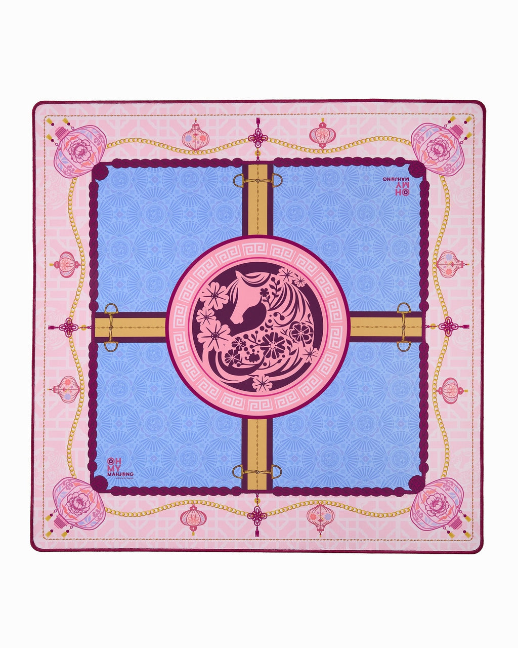 Oh My Mahjong Year of the Horse mahjong mat laid flat, horse medallion with blush, periwinkle, and gold florals