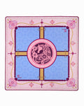 Oh My Mahjong Year of the Horse mahjong mat laid flat, horse medallion with blush, periwinkle, and gold florals