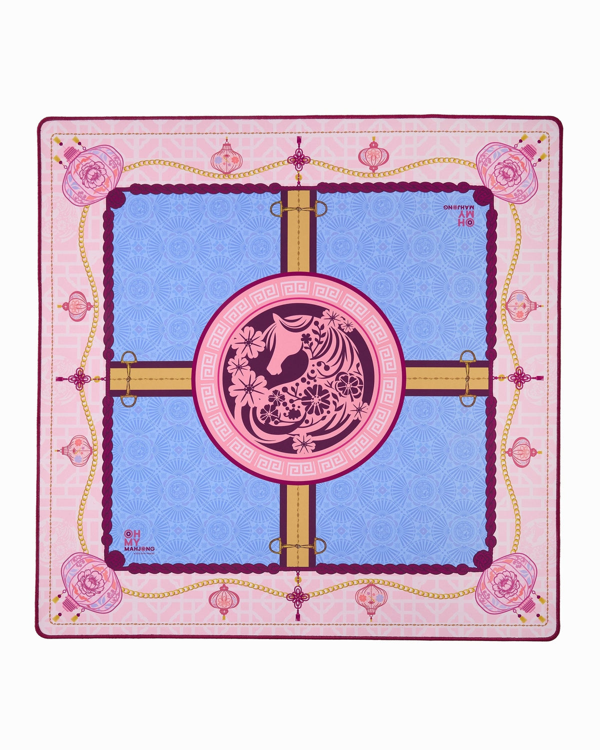 Oh My Mahjong Year of the Horse mahjong mat laid flat, horse medallion with blush, periwinkle, and gold florals