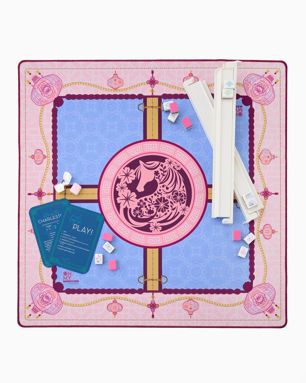 Year of the Horse mahjong mat set up with racks; tiles and racks sold separately