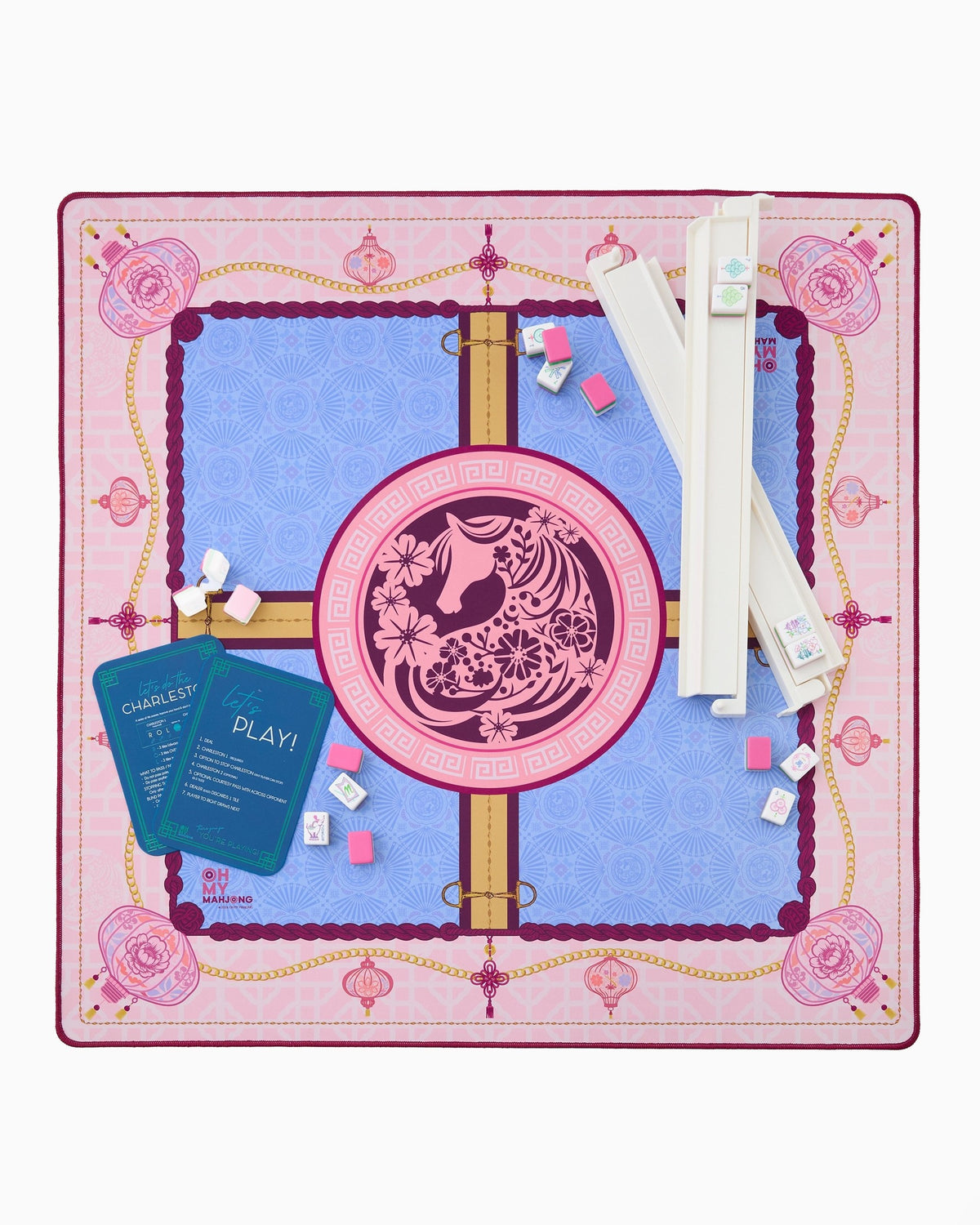 Year of the Horse mahjong mat set up with racks; tiles and racks sold separately
