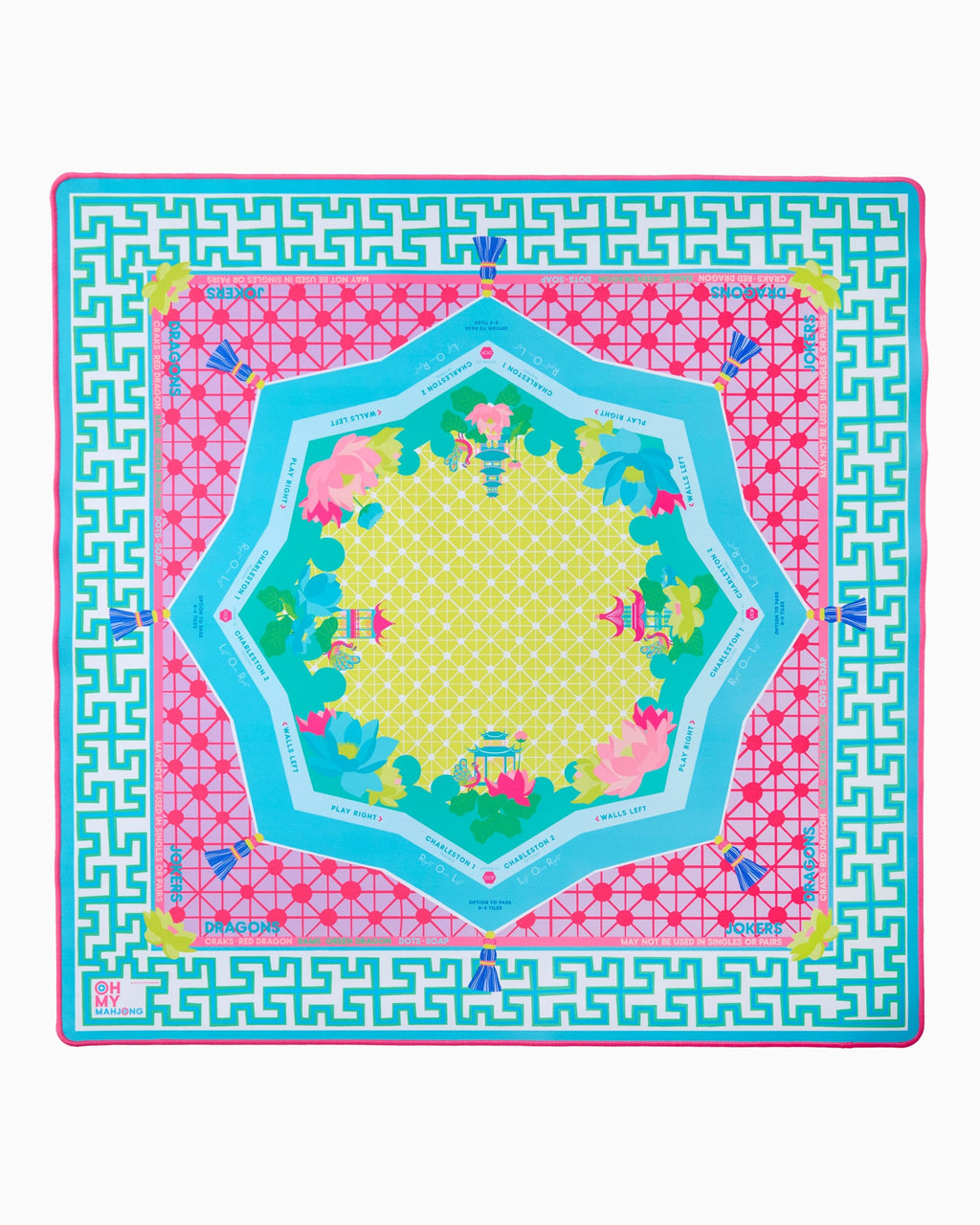 Oh My Mahjong x Colordrunk Designs Zen Glow instructional mahjong mat laid flat in teal, neon pink, and yellow