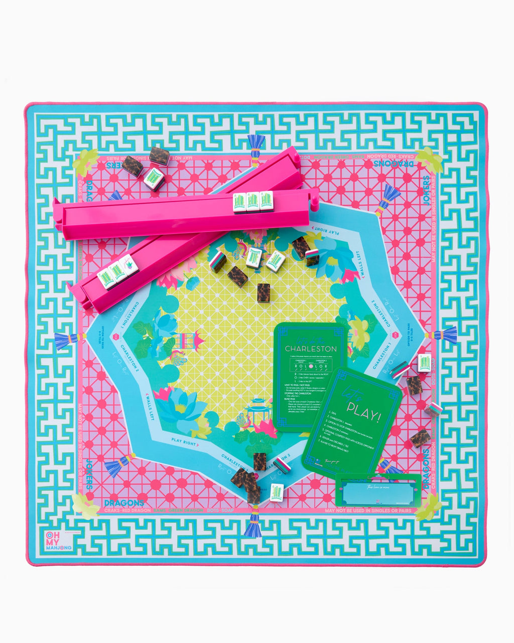 Zen Glow mahjong mat set up with racks; tiles and racks sold separately