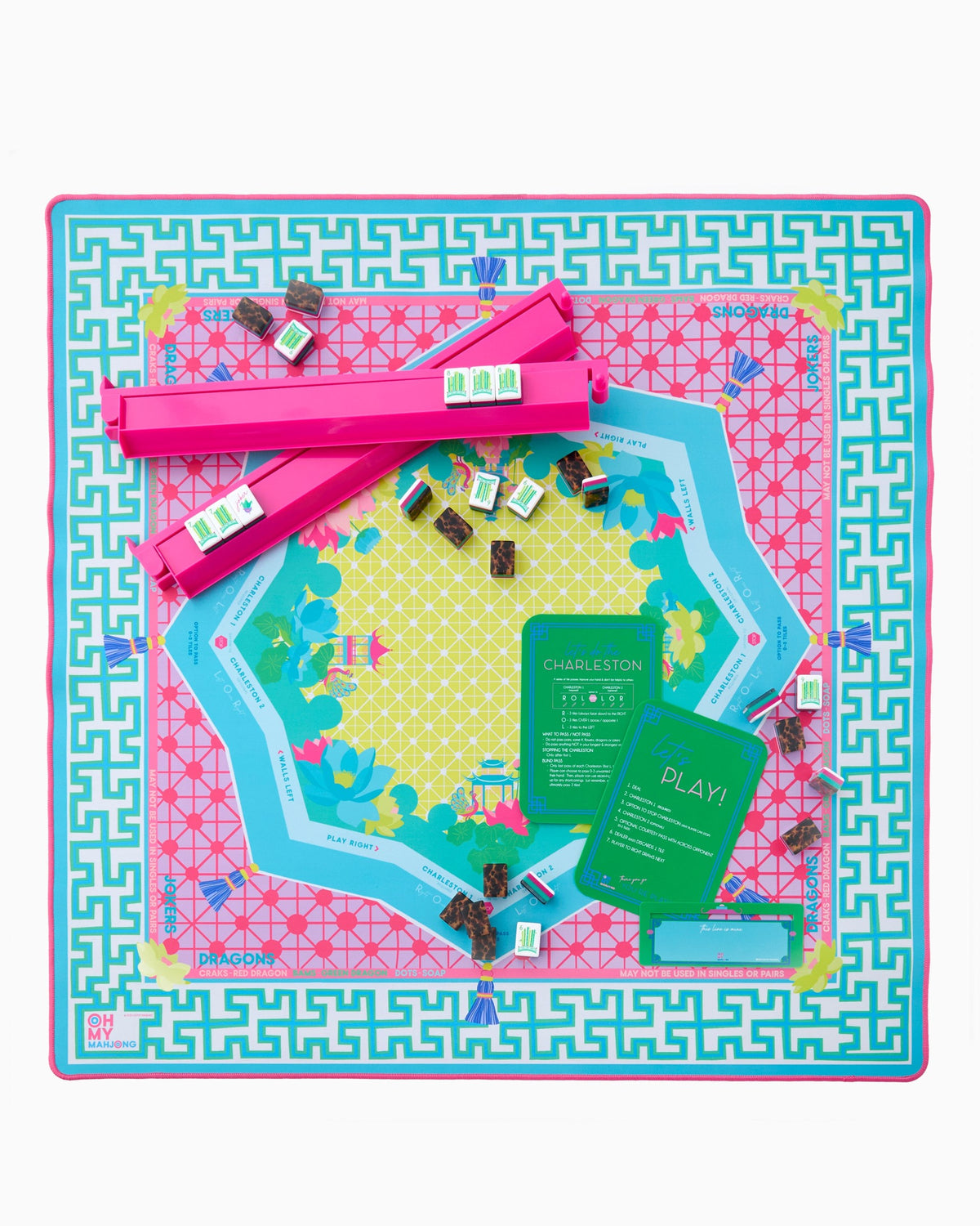 Zen Glow mahjong mat set up with racks; tiles and racks sold separately