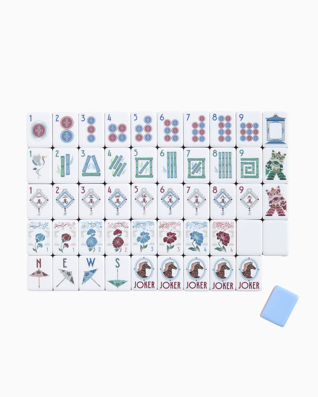 One of each Oh My Mahjong Osler tile face laid out in rows: dots, bams, craks, flowers, winds, and jokers, with a pale blue tile back