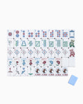 One of each Oh My Mahjong Osler tile face laid out in rows: dots, bams, craks, flowers, winds, and jokers, with a pale blue tile back
