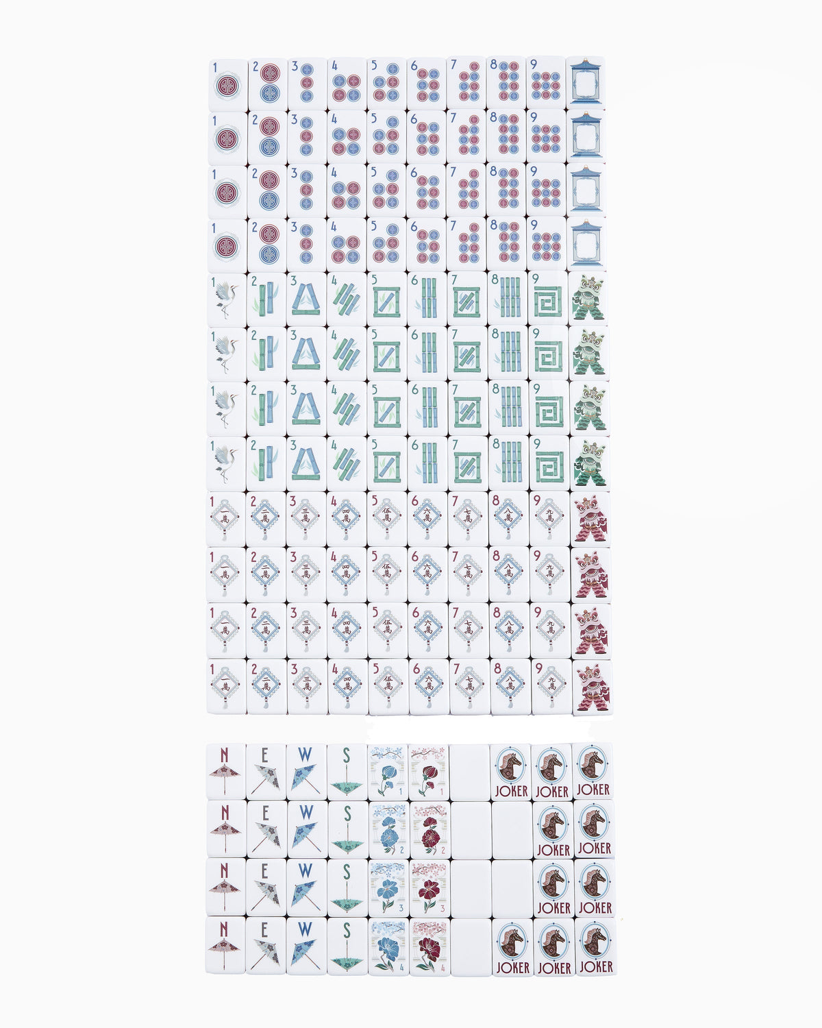 Complete Oh My Mahjong Osler set, all 160 tiles laid out face up in rows