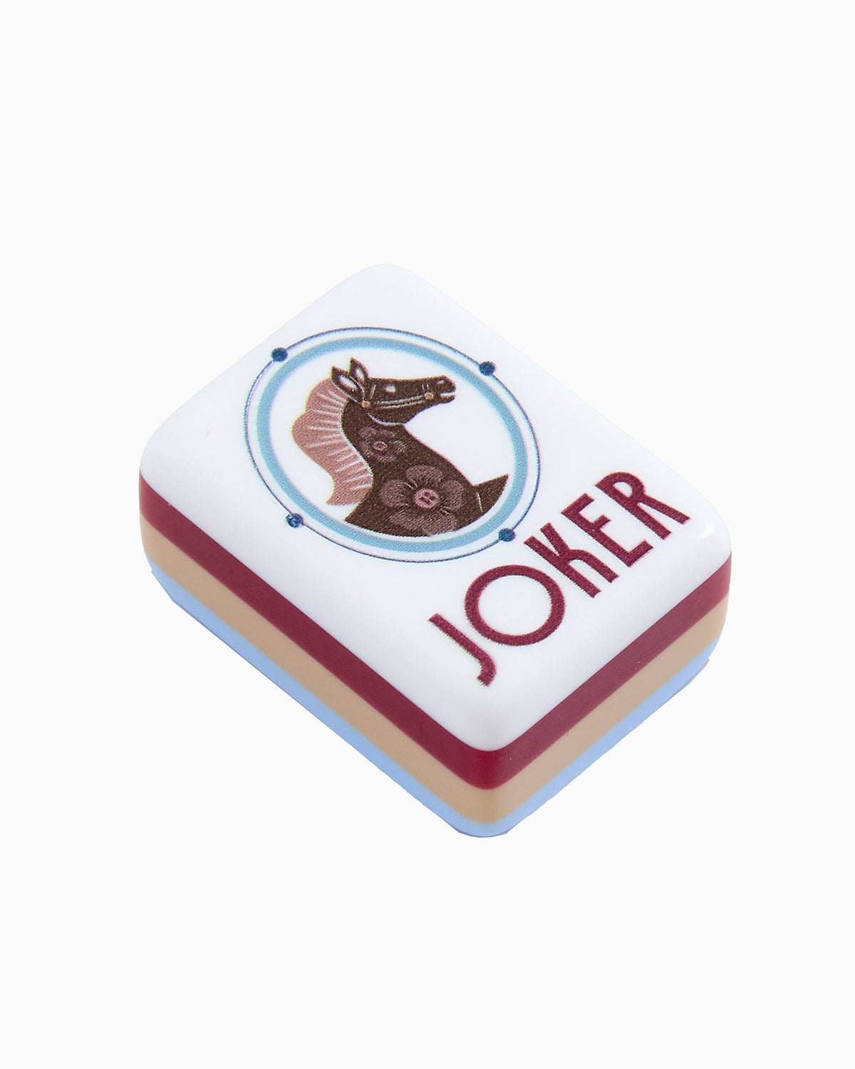 Single Oh My Mahjong Osler joker tile with a horse in a blue medallion and burgundy JOKER lettering