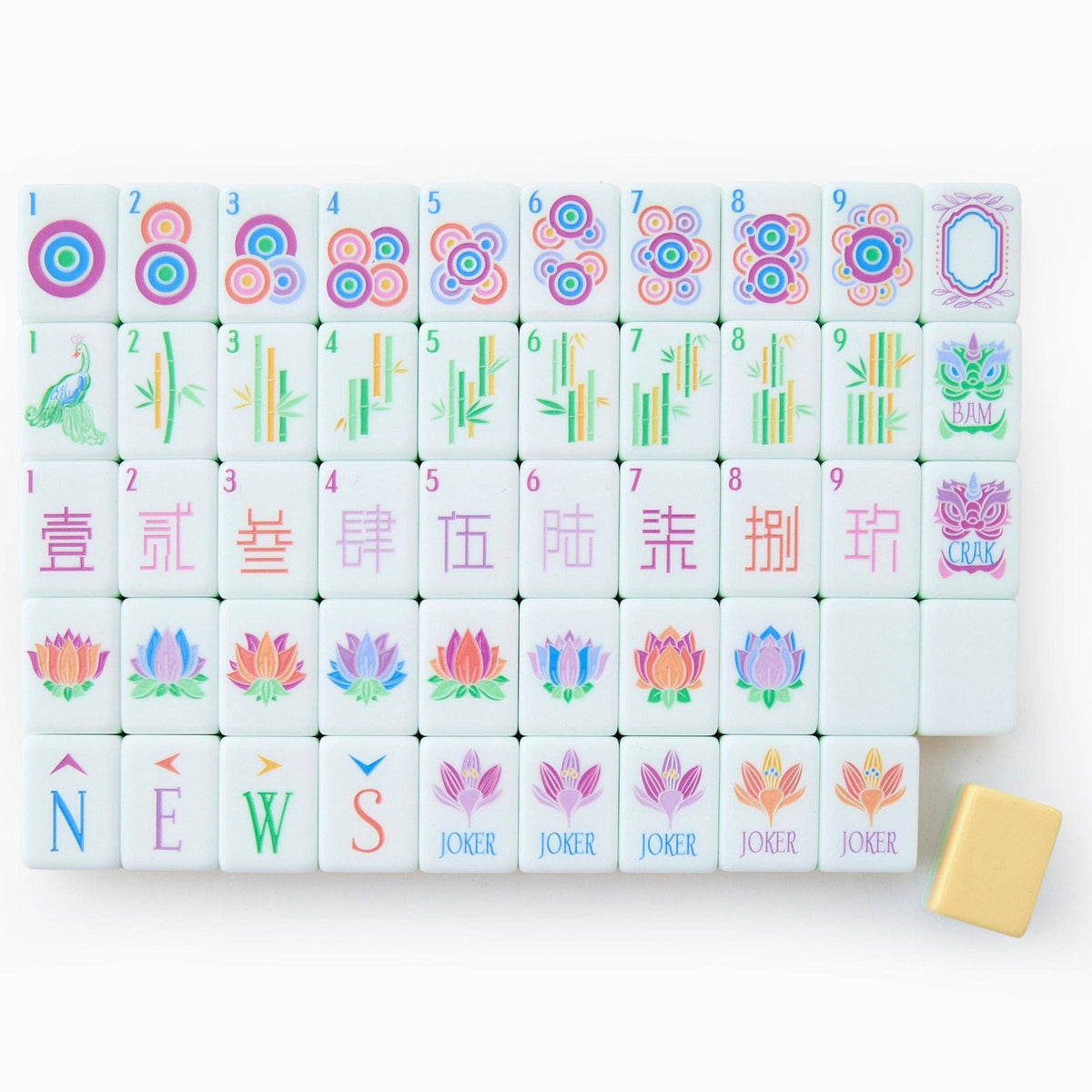 One of each Oh My Mahjong Sorbet tile face laid out in rows: dots, bams, craks, flowers, winds, and jokers, with a butter yellow tile back