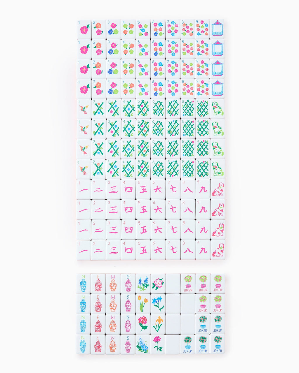 Complete Oh My Mahjong Sunset set, all 160 tiles laid out face up in rows