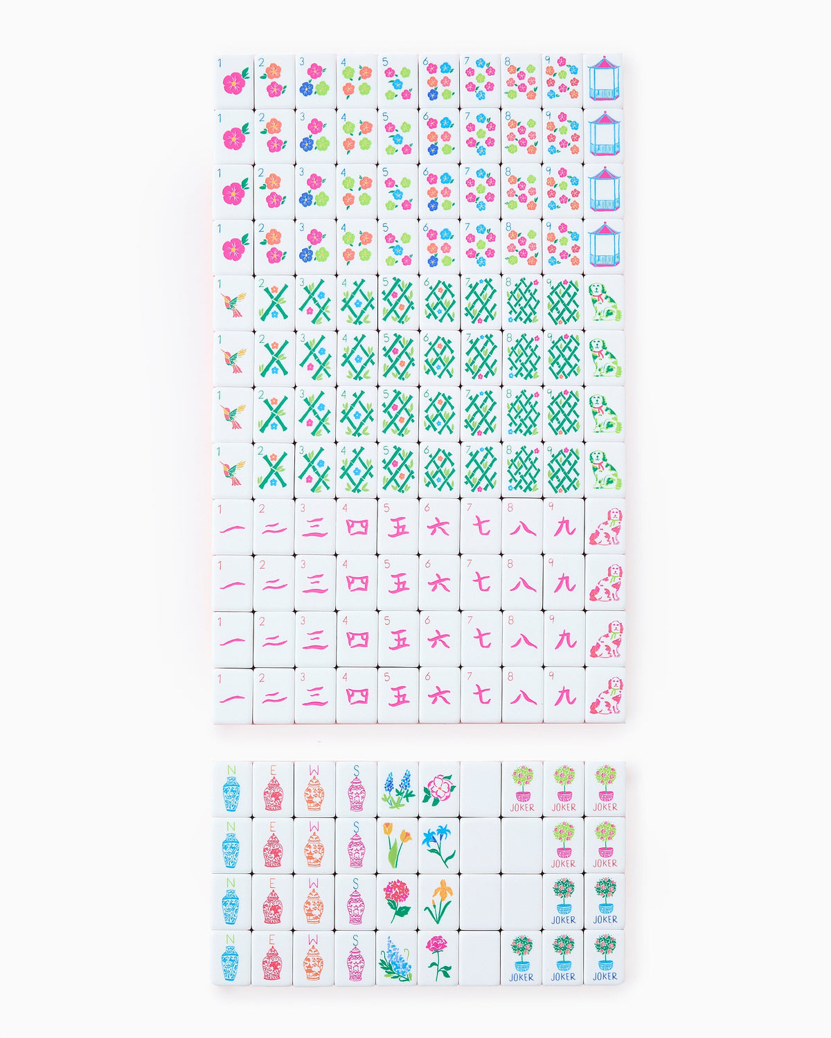 Complete Oh My Mahjong Sunset set, all 160 tiles laid out face up in rows