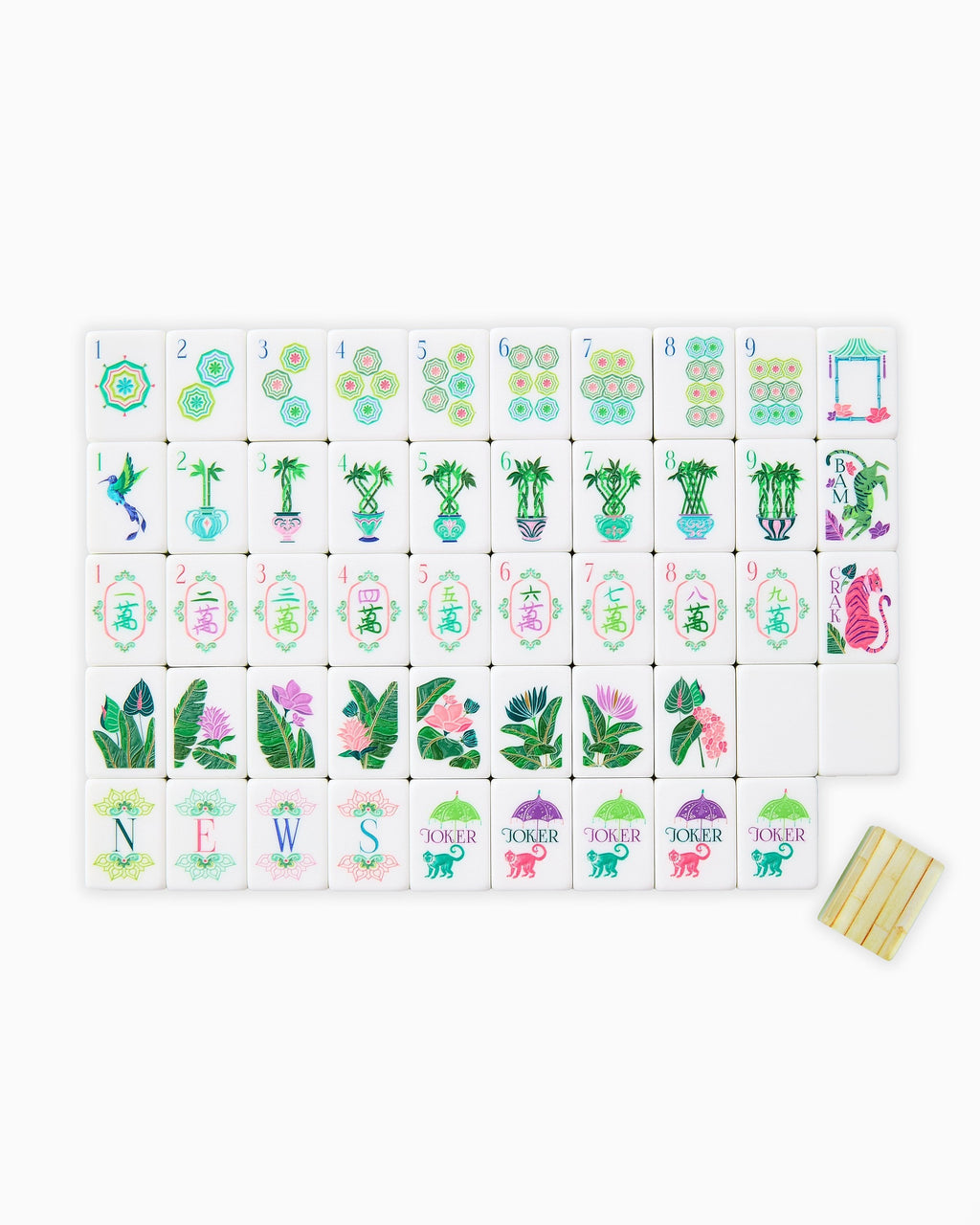 One of each Oh My Mahjong Palm Royale tile face laid out in rows: dots, bams, craks, flowers, winds, and jokers, with a bamboo-look tile back