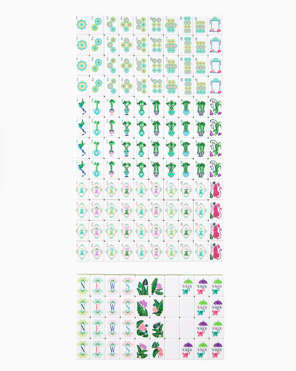 Complete Oh My Mahjong Palm Royale set, all 160 tiles laid out face up in rows