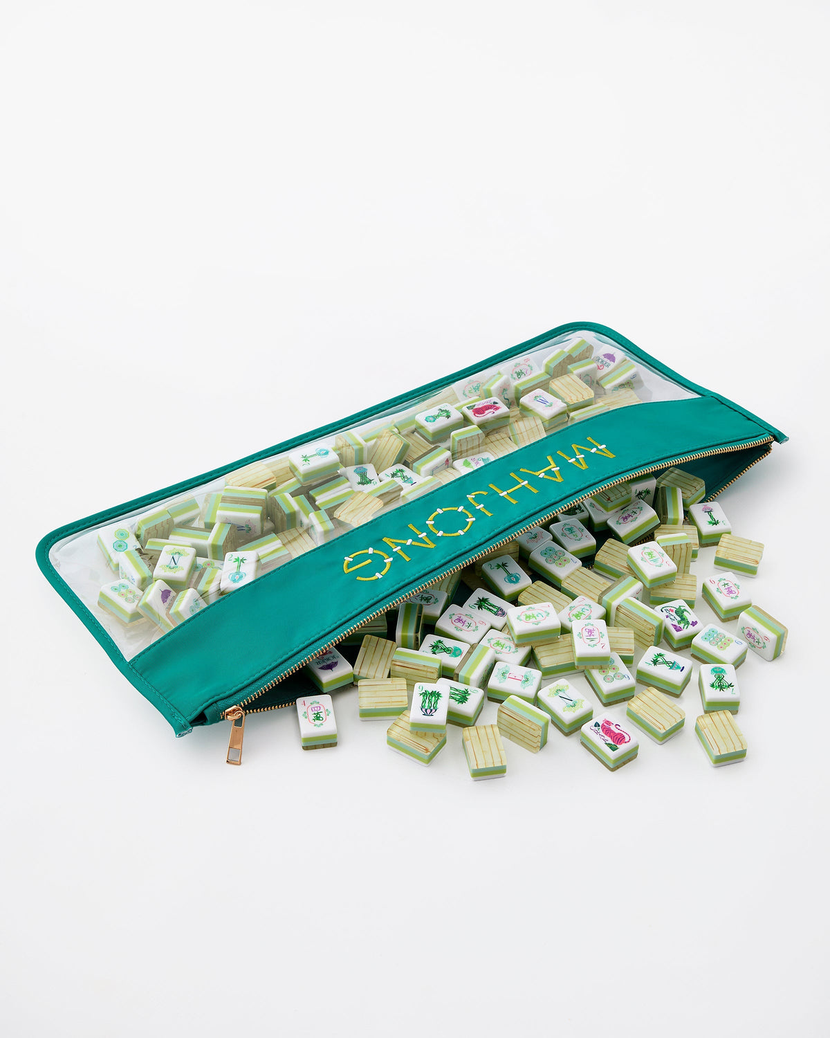 Oh My Mahjong Palm Royale tiles spilling from a green zip pouch; pouch sold separately