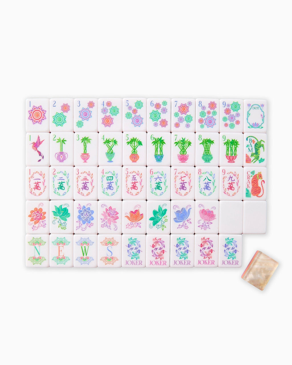 One of each Oh My Mahjong Pearlescent tile face laid out in rows: dots, bams, craks, flowers, winds, and jokers, with a pearly tile back