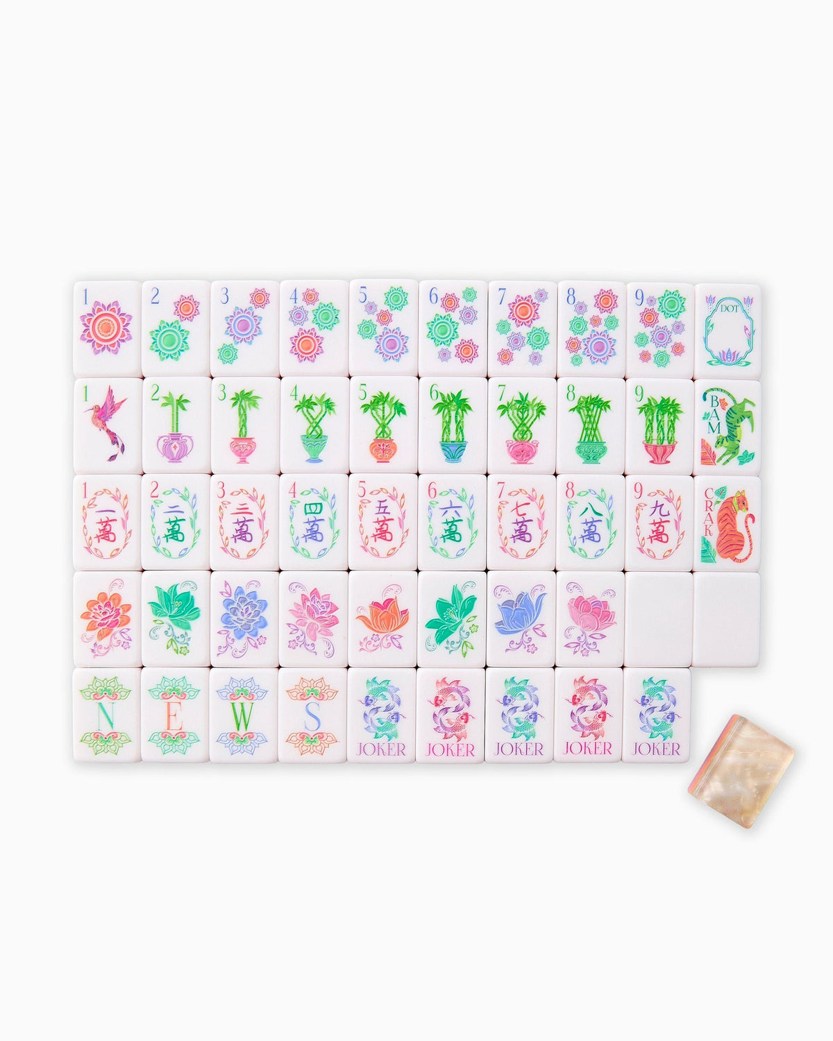 One of each Oh My Mahjong Pearlescent tile face laid out in rows: dots, bams, craks, flowers, winds, and jokers, with a pearly tile back