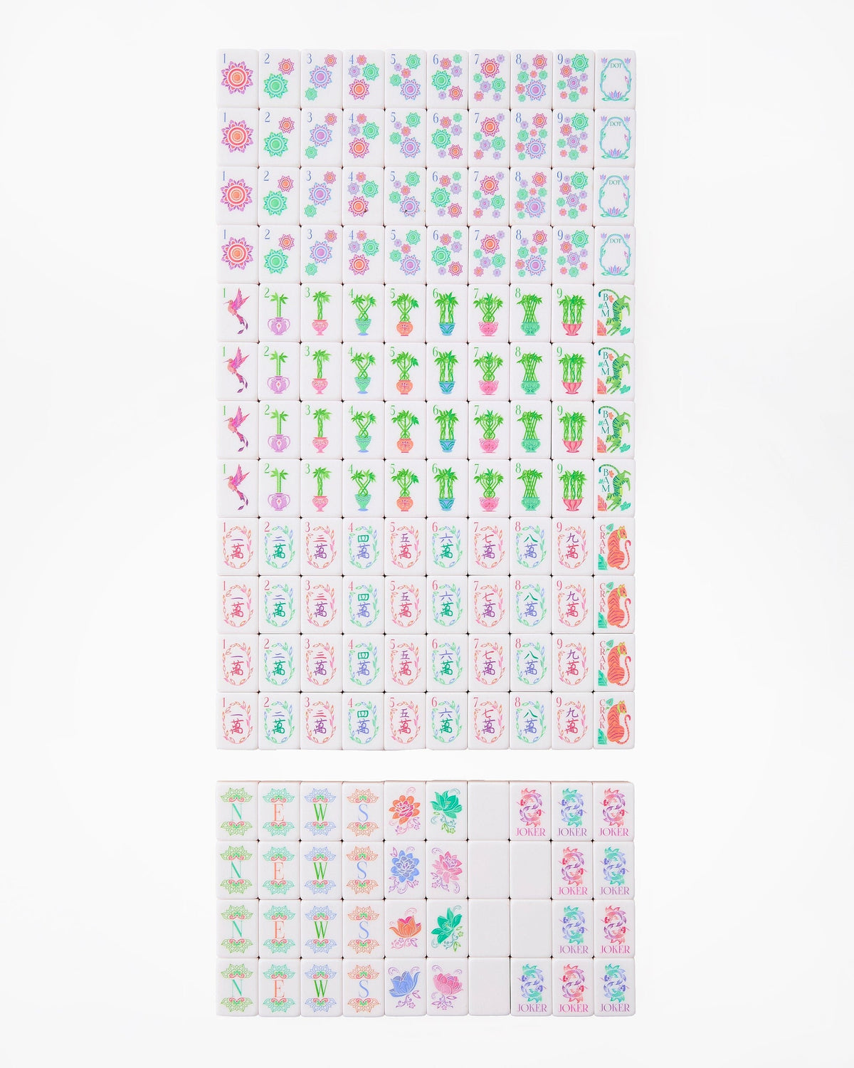 Complete Oh My Mahjong Pearlescent set, all 160 tiles laid out face up in rows