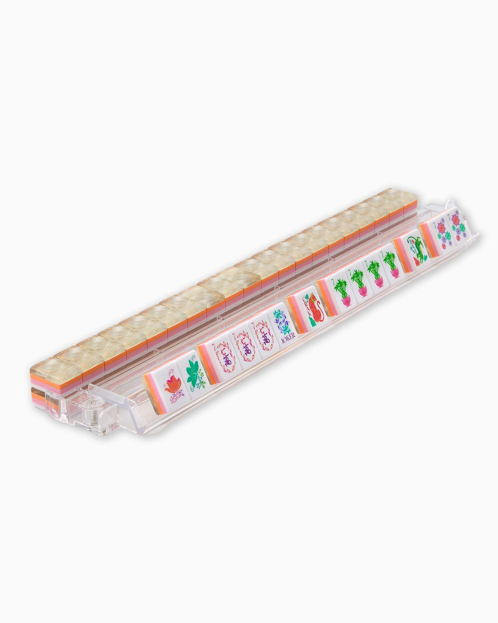 Pearlescent mahjong tiles on a clear acrylic rack, a row of face-up tiles in front and pearly tile backs lined up behind