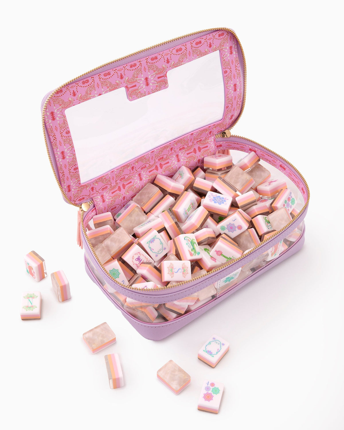 Oh My Mahjong Pearlescent tiles shown in an open lavender zip case; case sold separately