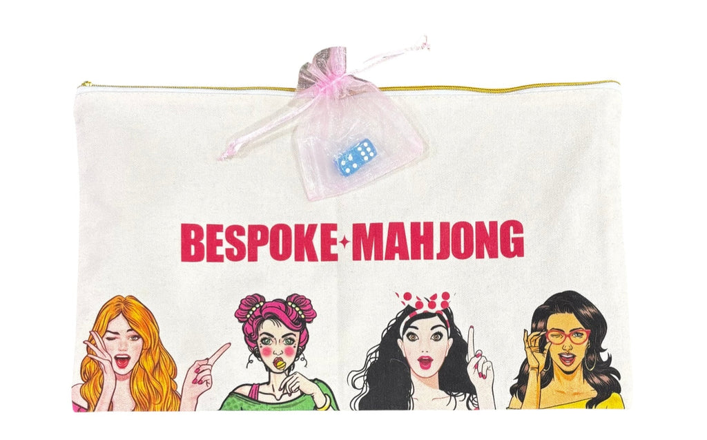 Pop Divas tile bag laid flat, cream canvas with Pop Divas illustration and Bespoke Mahjong lettering