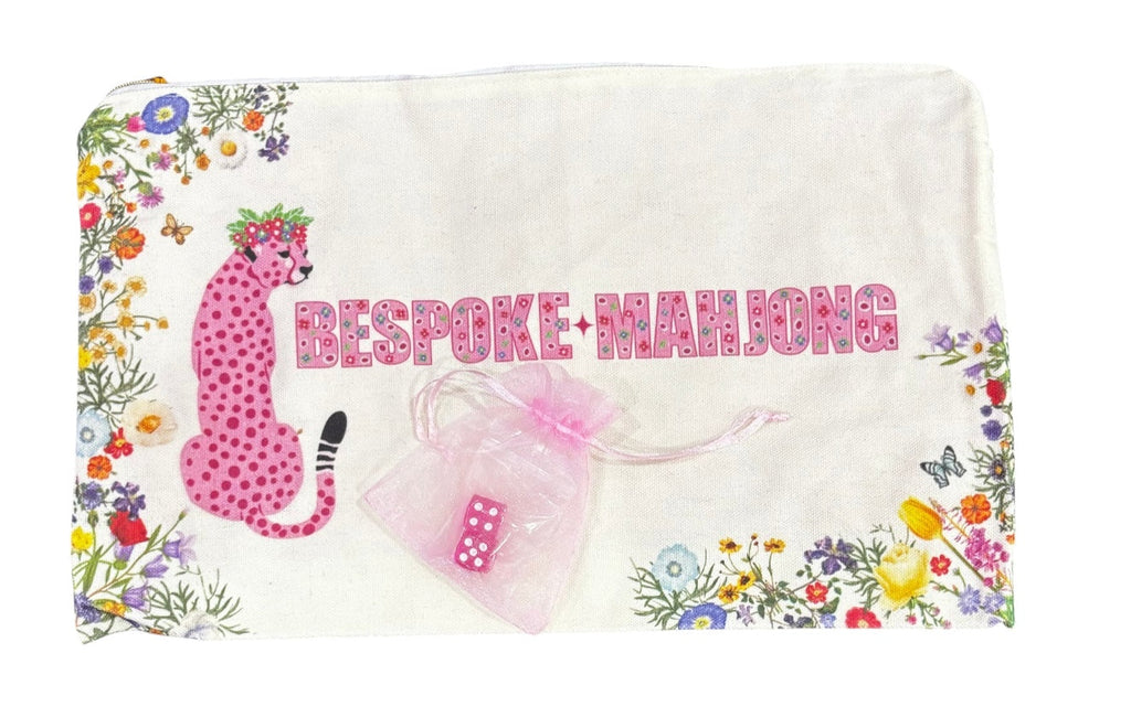 Springtime Safari tile bag laid flat, cream canvas with pink leopard and Bespoke Mahjong lettering