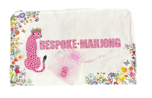 Springtime Safari tile bag laid flat, cream canvas with pink leopard and Bespoke Mahjong lettering